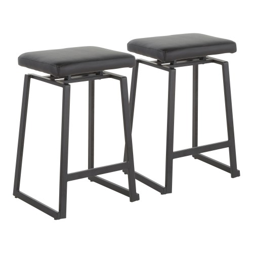 Geo Upholstered Counter Stool (Black Faux Leather + Black Metal) - Set of 2